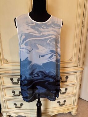 Vince Camuto Blue White Marble Print Sleeveless Blouse